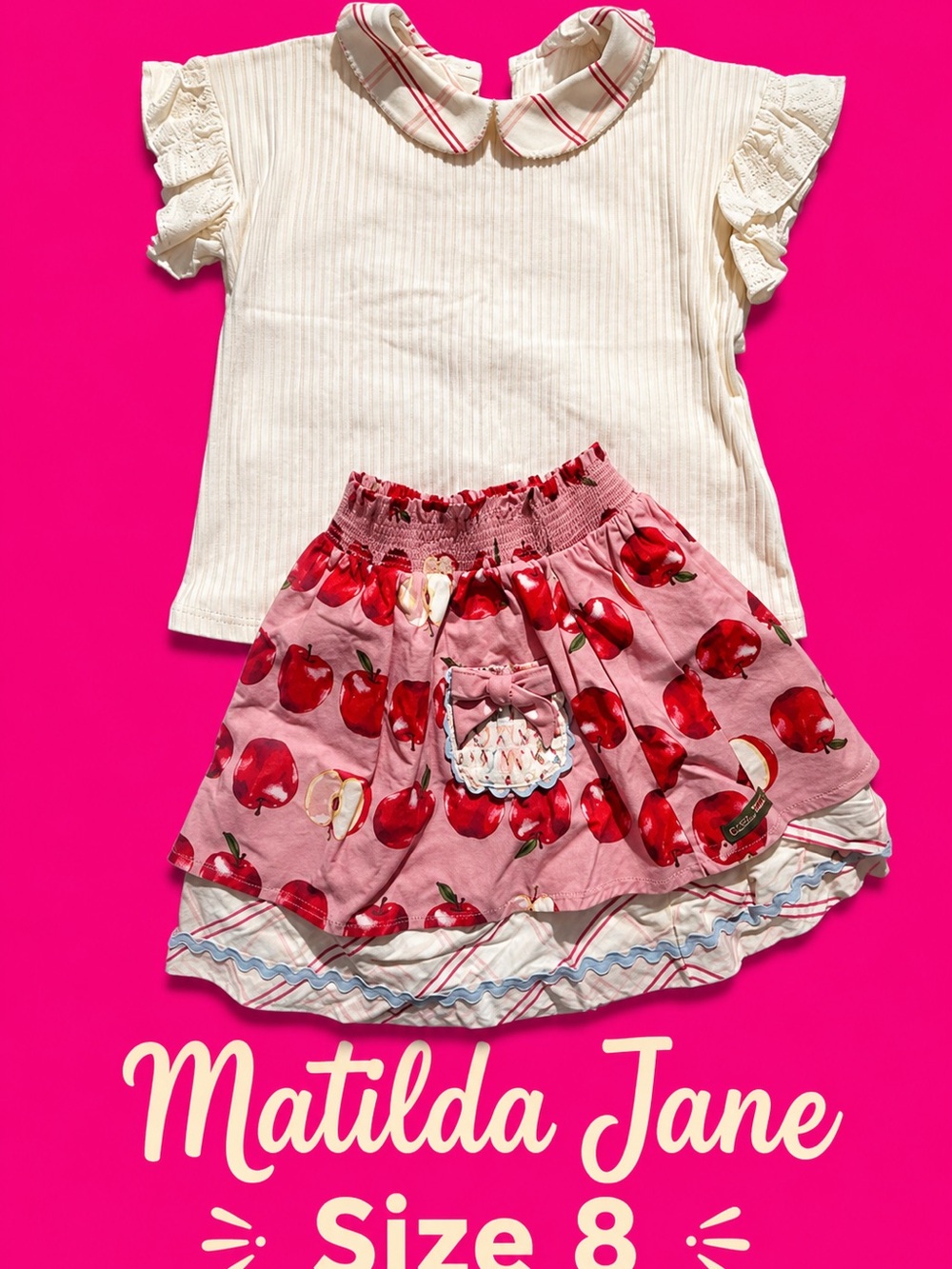 Matilda Jane Pink Apple Skirt with Cream Ruffle Top hart to hart 2022 size 8
